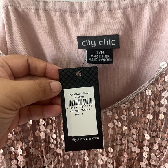 City Chic Sequined Fringe Chiffon Spaghetti Strap Top Mocha Size 16 - Picture 4 of 7